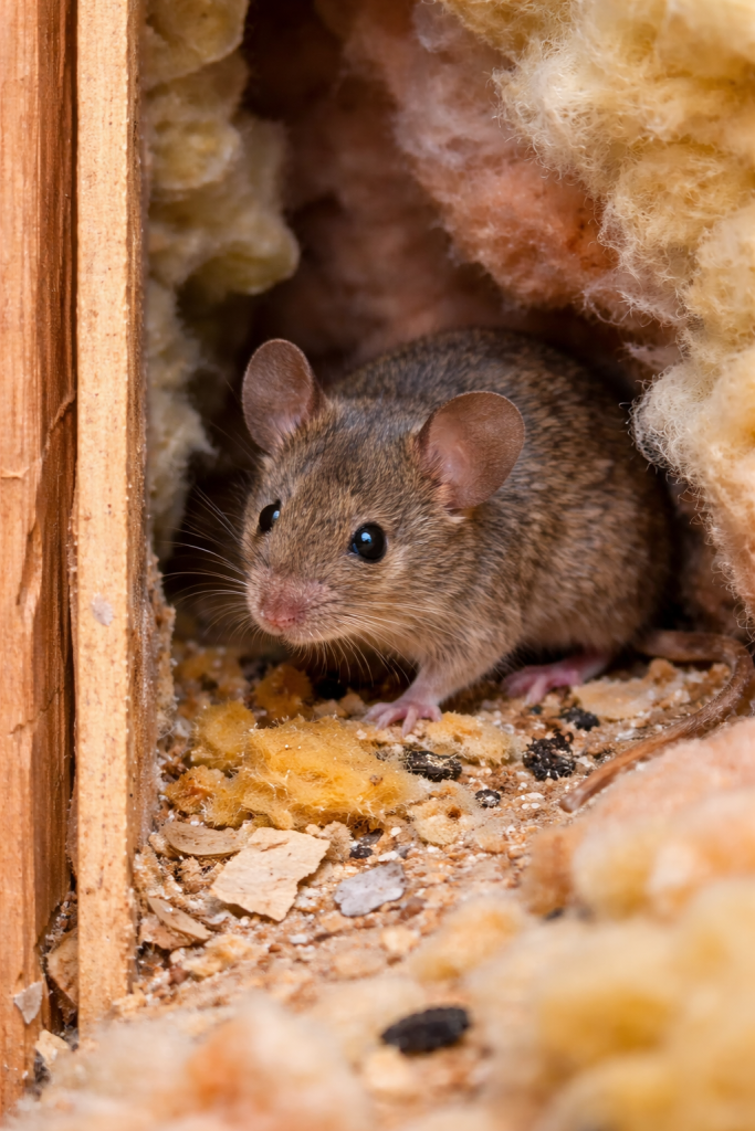 A mouse in the wall cavity of a house.