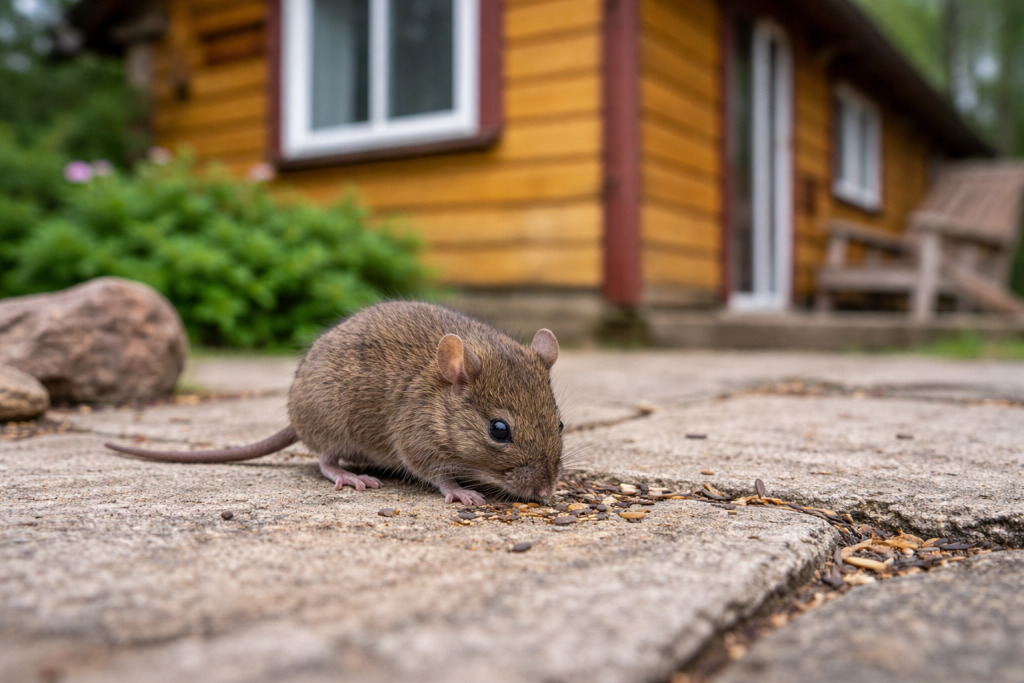 A mouse scavenging outside of a cottage.