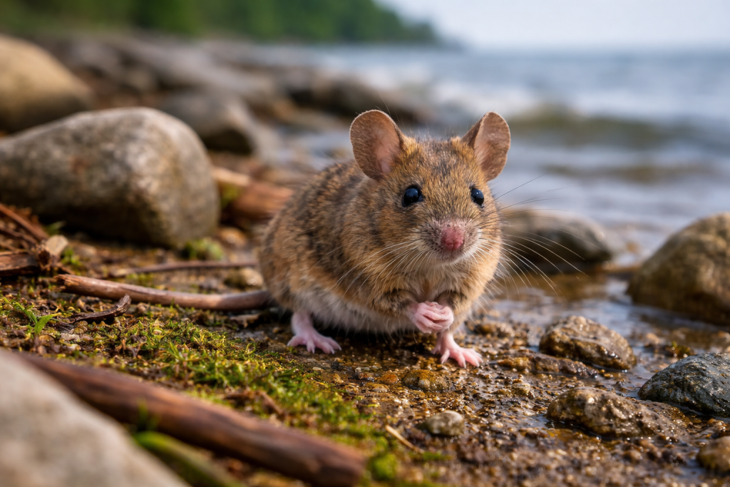 A mouse near a shoreline.