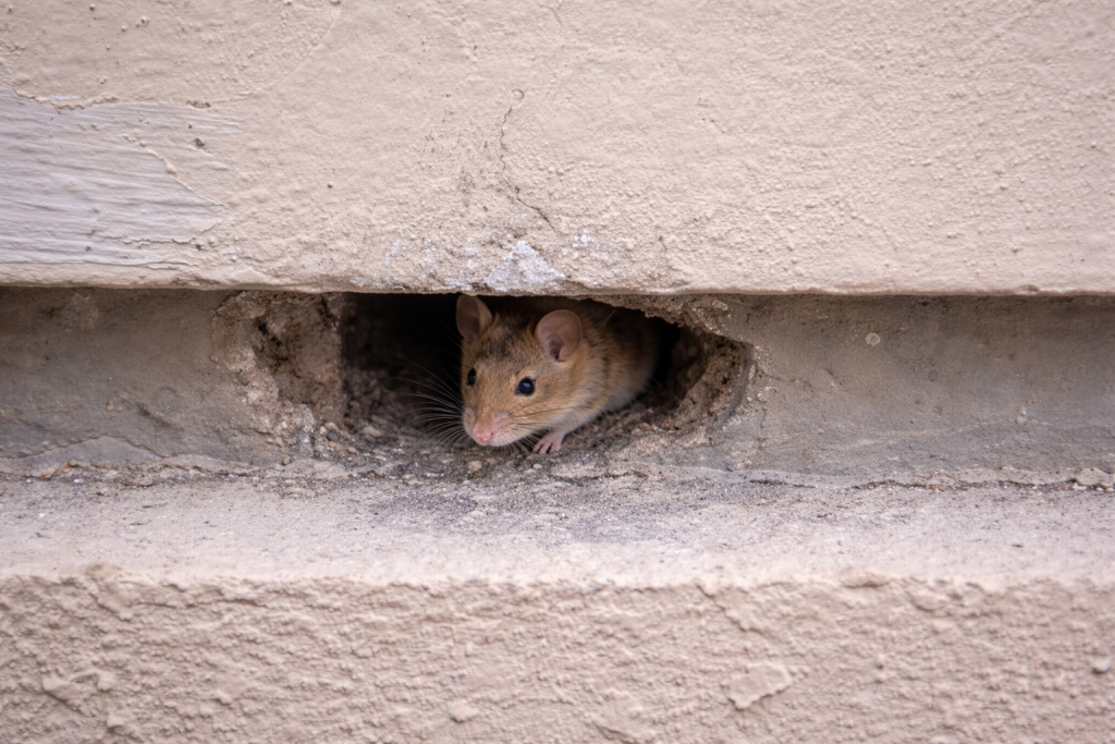 A mouse peeks out from a small gap in a wall.
