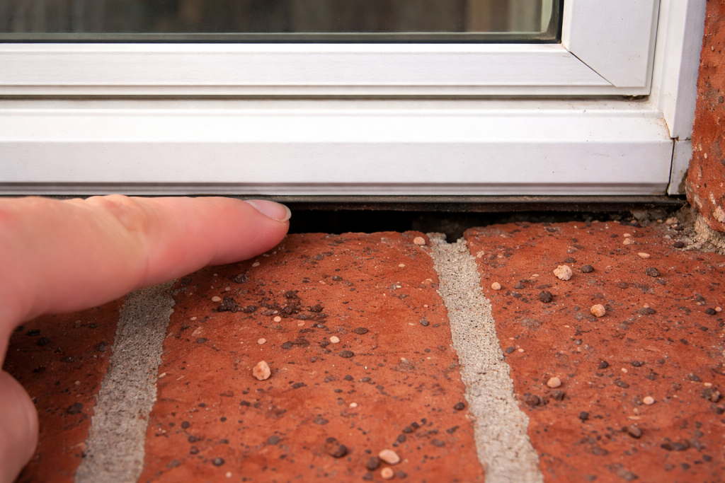 A technician points to a small gap between a window that is big enough for a mouse to enter.