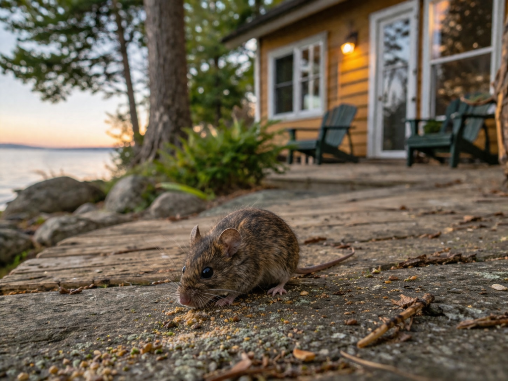 A mouse forages for resources outside of a lakeside cottage.