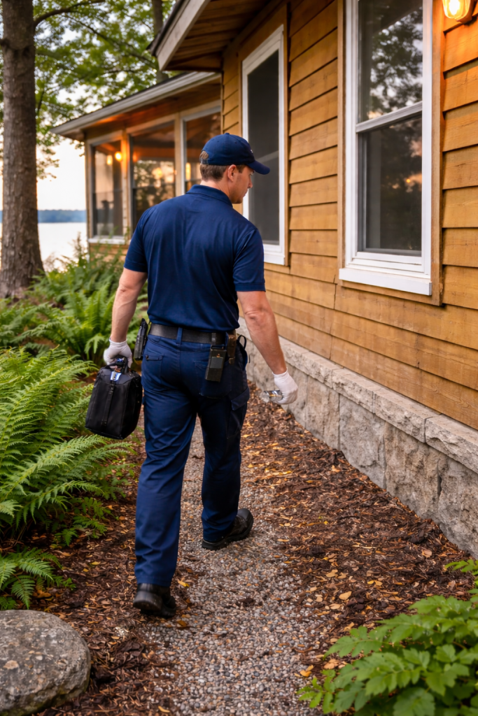 A professional pest control technician inspects the outside of a cottage for potential rodent entry points.