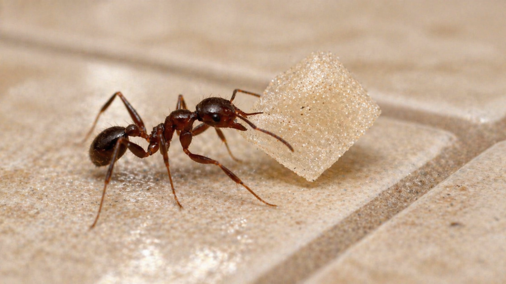 An ant carries a grain of sugar across a kitchen floor.
