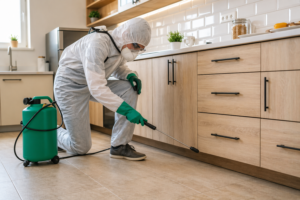 A professional pest control technician sprays a kitchen for ants.