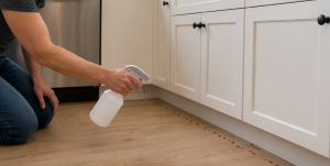 A homeowner spraying an ant trail with a DIY spray.