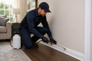 A professional pest control technician spraying the baseboards of a living room.