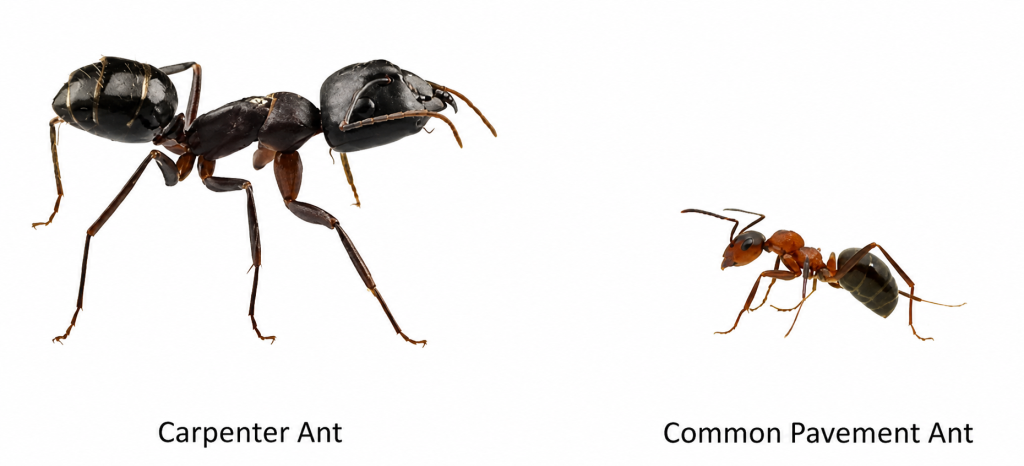 A comparison of a carpenter ant and a pavement ant.