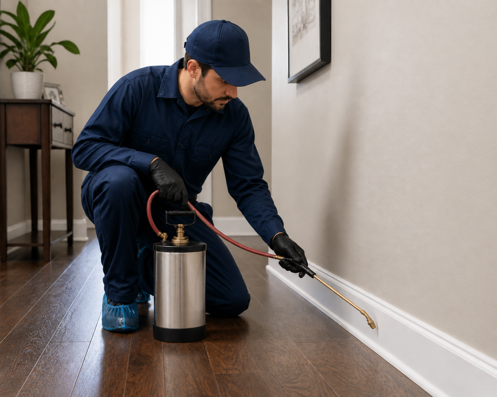 A pest control technician sprays the baseboards of a house.