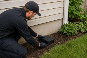A professional pest control technician placing a rodenticide station outside of a house.