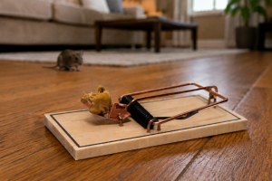 A mouse looking at a loaded snap trap from a distance.