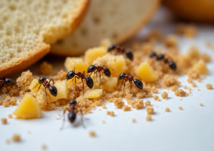 A group of ants eating breadcrumbs.
