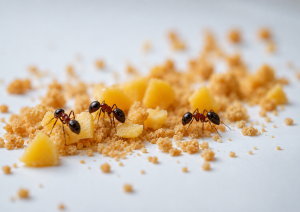 A few ants inspecting a pile of crumbs.