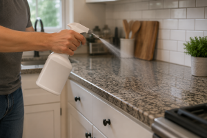A homeowner sprays a kitchen counter with a homemade ant spray.