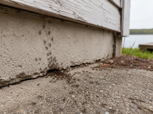 A group of ants entering through a crack in the foundation of a cottage.