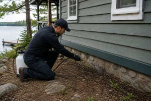 A professional pest control technician sprays the foundation of a cottage for ants.