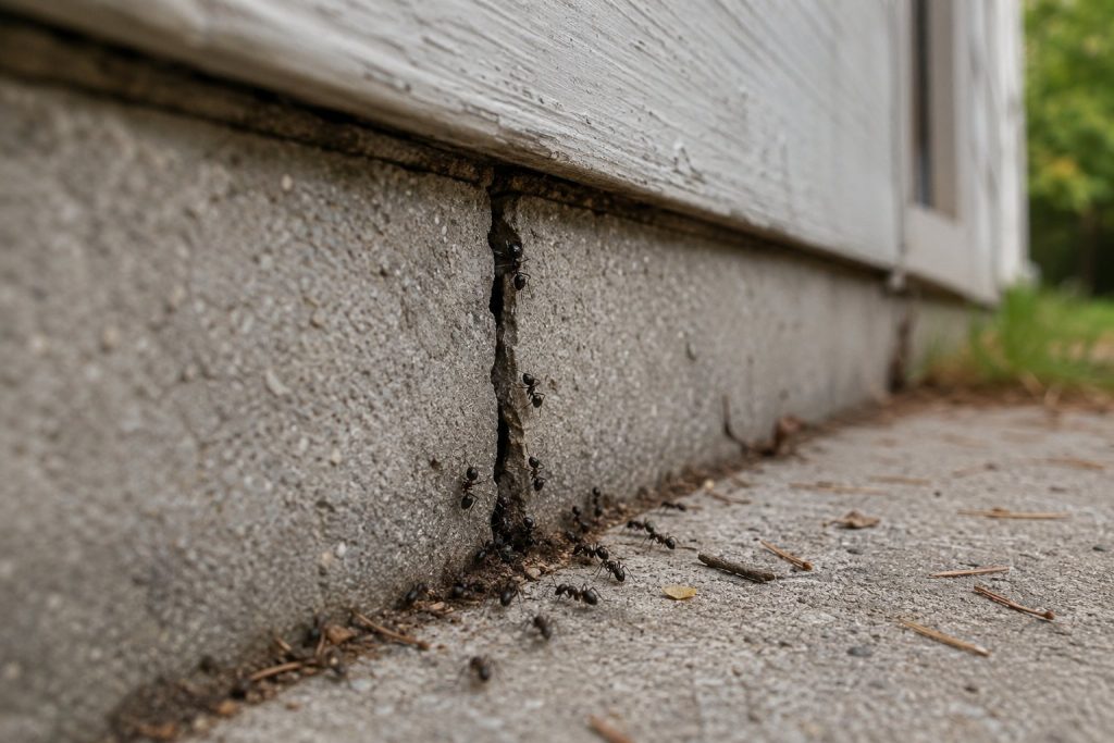 A trail of ants going inside a crack in the concrete foundation of a cottage.