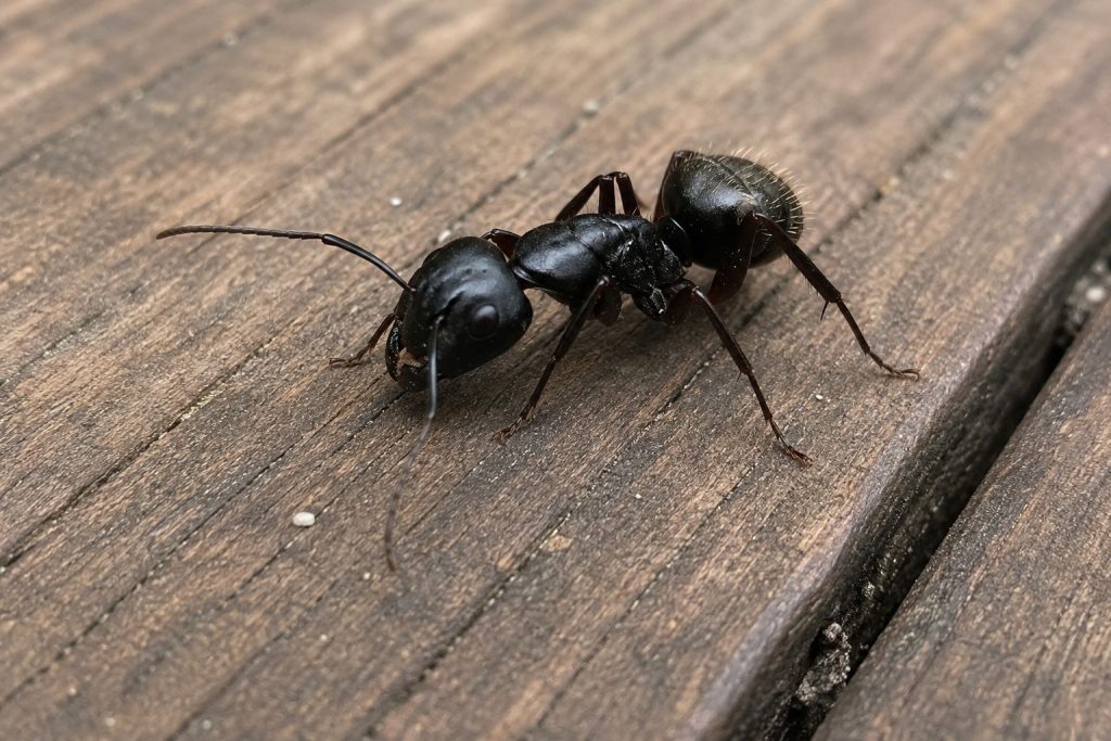 A close-up of a carpenter ant on a patio deck.