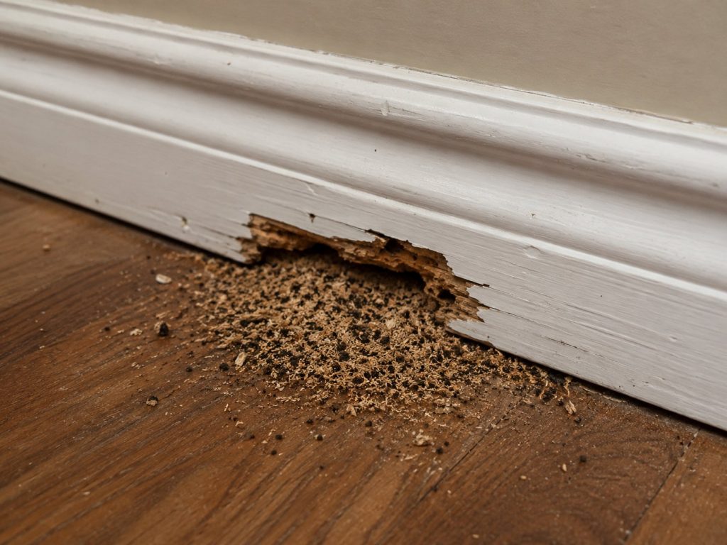 A damaged baseboard with frass from carpenter ants.