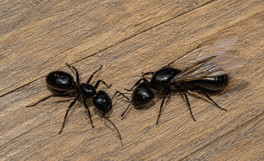 A winged carpenter ant beside a regular carpenter ant.