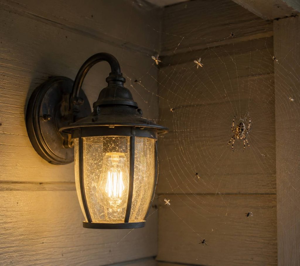 An orb spider on a web beside a porch light, with small bugs caught on the web.