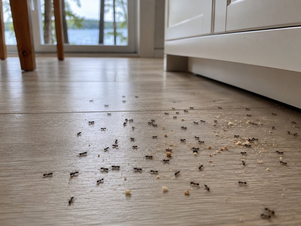A colony of ants swarming around crumbs on a kitchen floor.