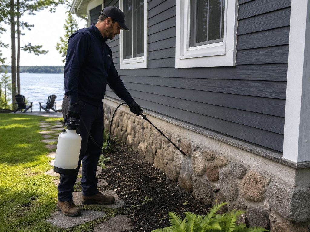 A technician spraying the foundation of a cottage.