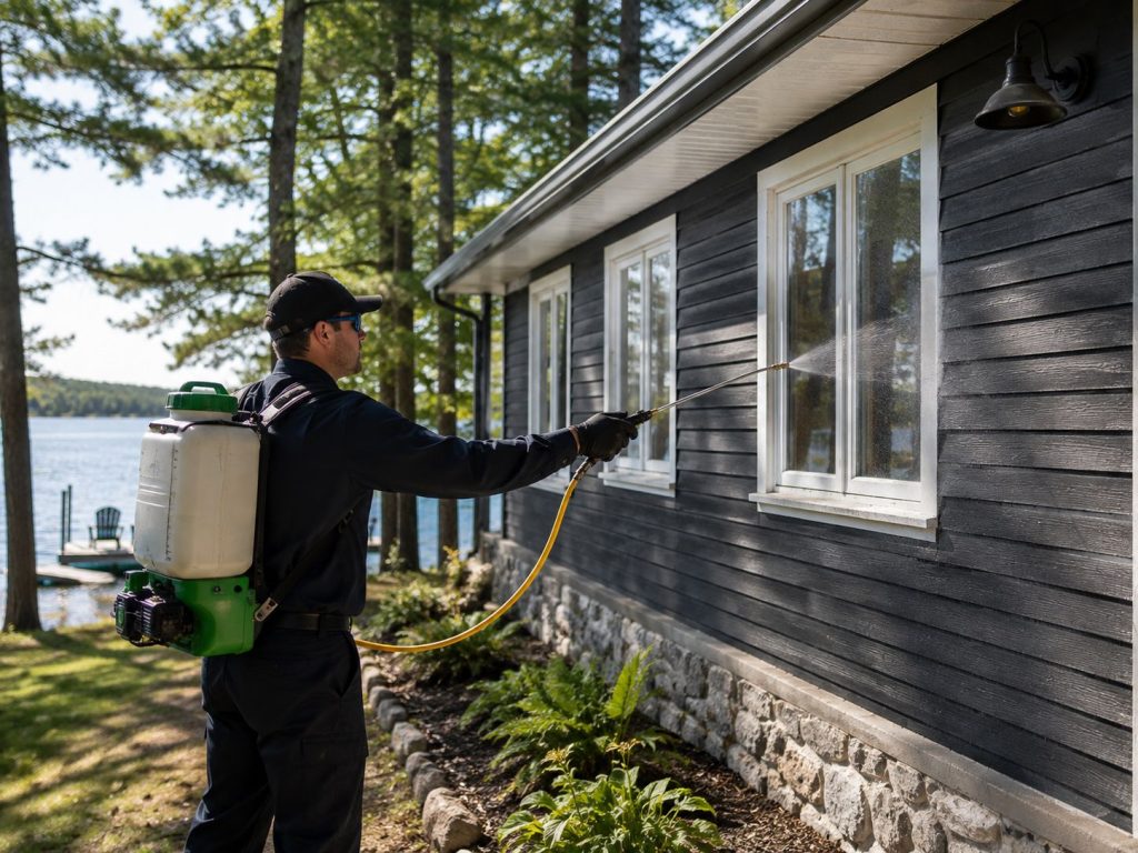 A pest control technician spraying the exterior of a cottage.