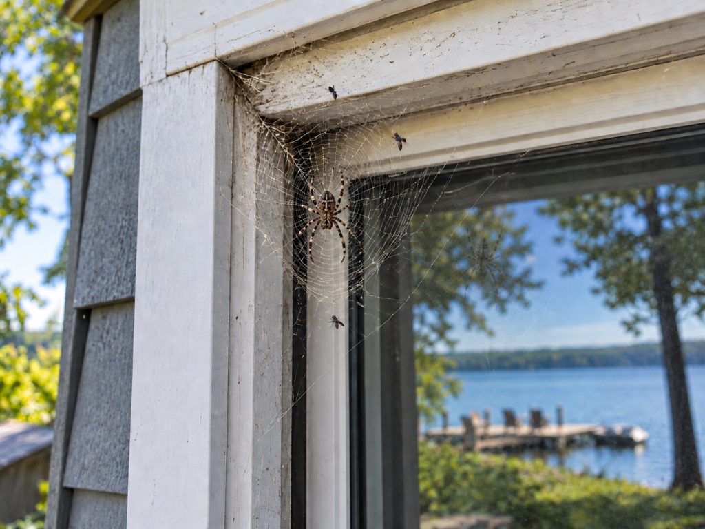 A spider in a web on a window frame.