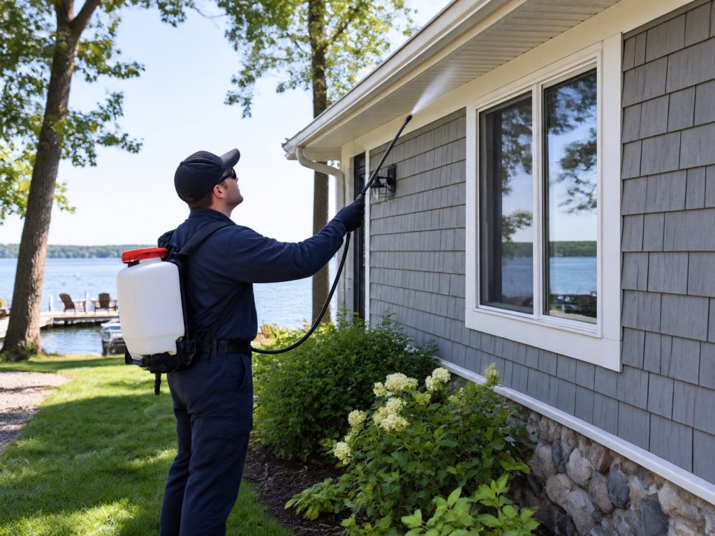 A pest control technician spraying the exterior of a cottage.