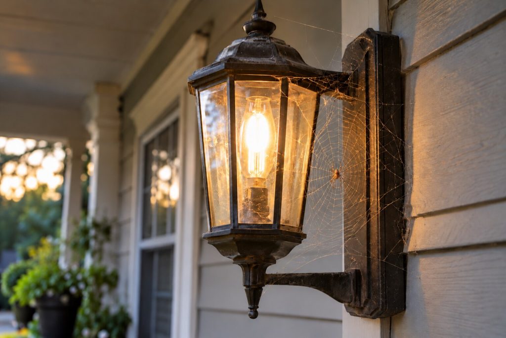 A spiderweb by an exterior wall light.