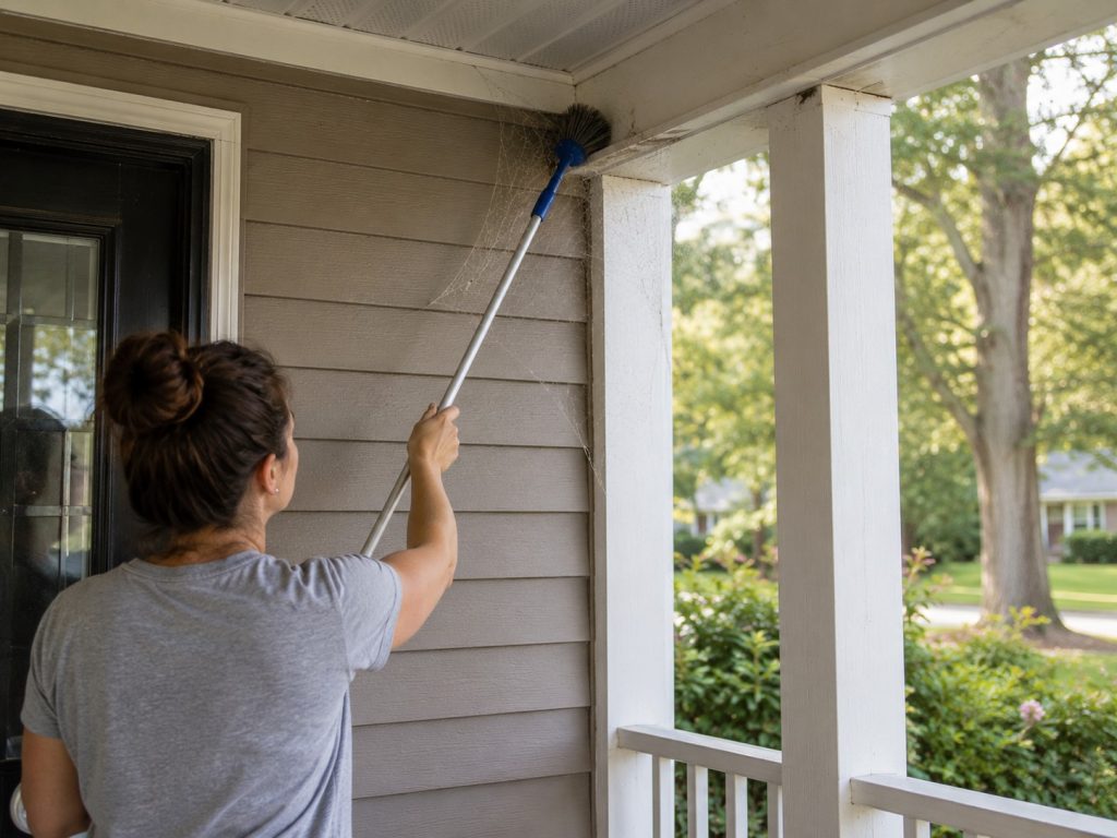 A homeowner cleaning a spider web from the corner of their porch.