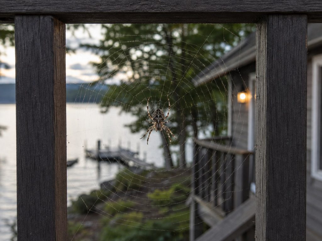 An orb-weaving spider in a web on the railing of a deck.