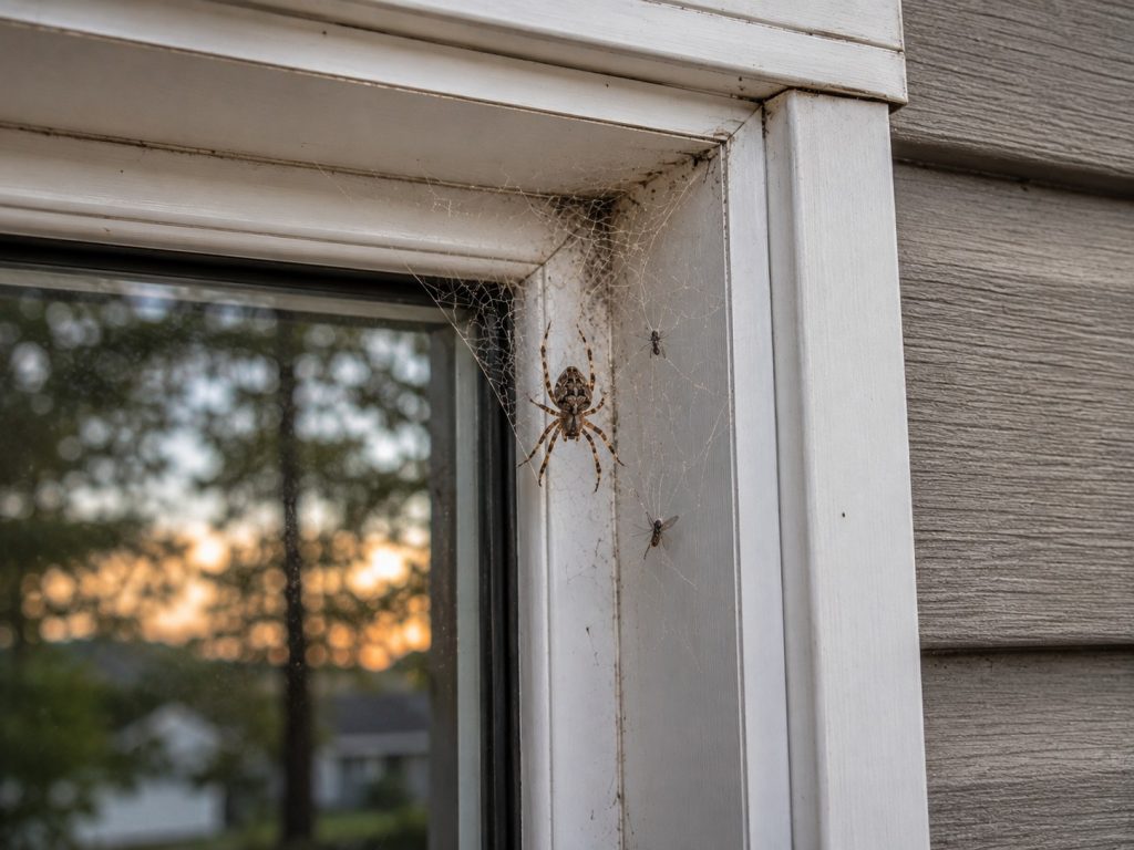A spider in a web in the corner of a window frame.
