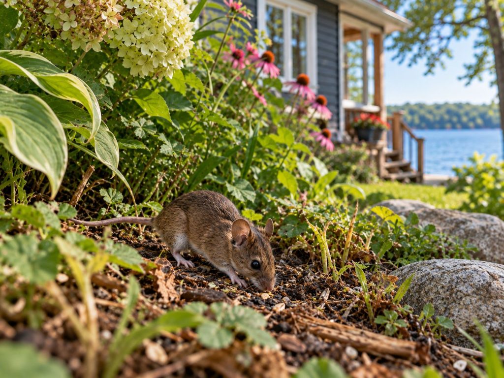A mouse foraging in an overgrown garden.