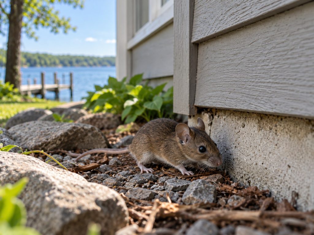 A mouse walking along the exterior of a cottage.